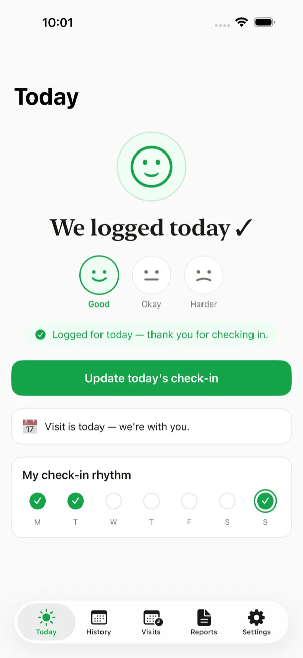 LMS Companion Today screen on iPhone: a check-in logged as Good and the week's check-in rhythm.